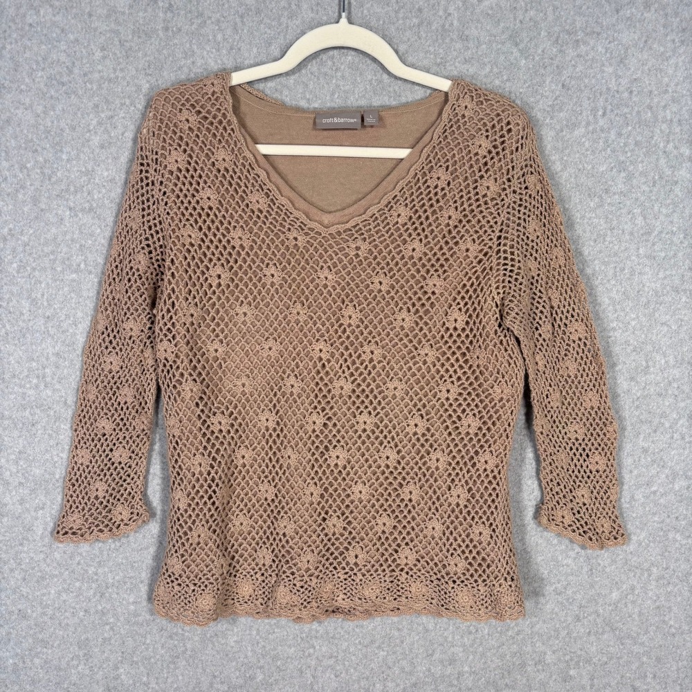 Crochet Open Knit Sweater Large Tan Sheer Beachy Boho Cottage Neutral Fairy